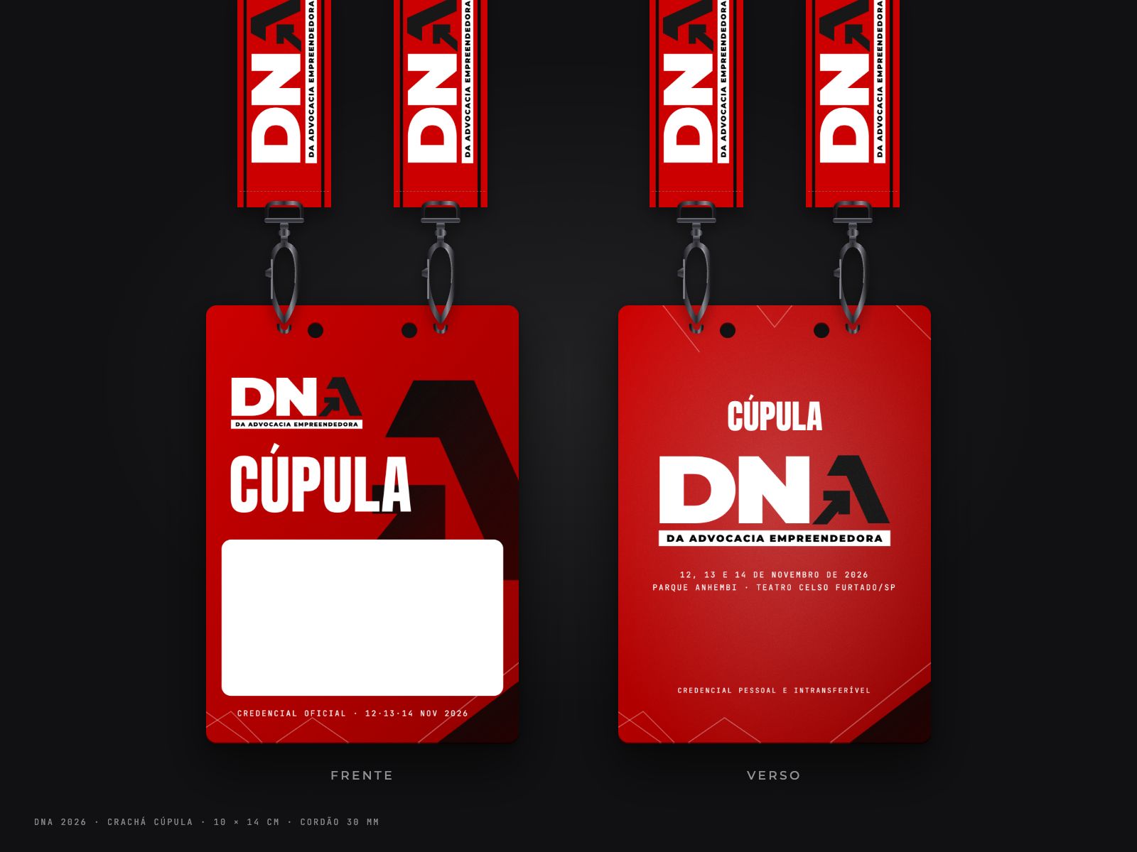 Mockup do crachá Cúpula, frente e verso, vermelho