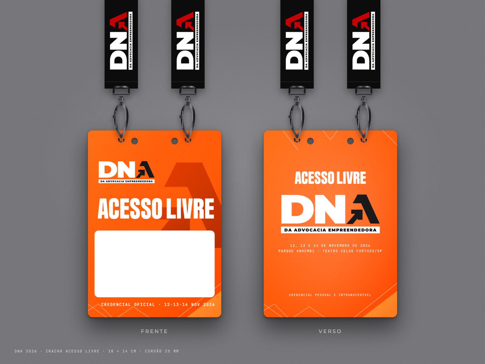 Mockup do crachá Acesso livre, frente e verso, laranja neon