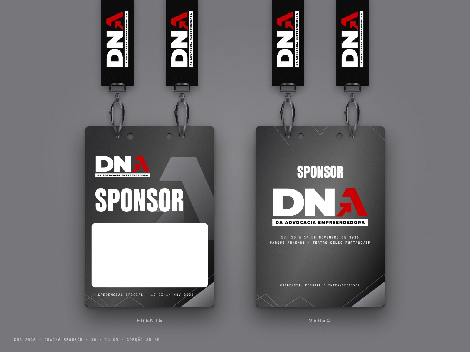 Mockup do crachá Sponsor, frente e verso, preto com prata